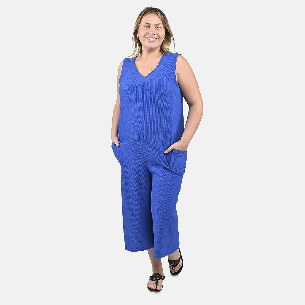 shop lc Tamsy Blue Solid Textured Double Rib Knit V-Neck Jumpsuit - L
