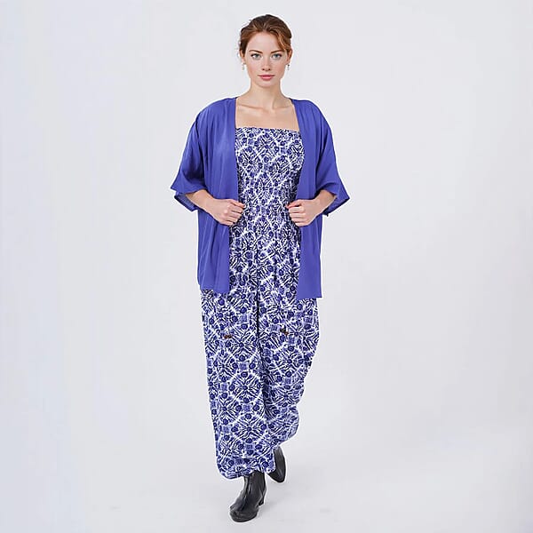 Shop Lc Tamsy Blue Tile Smocked Jumpsuit With Blue Kimono Set - One Size Fits Most