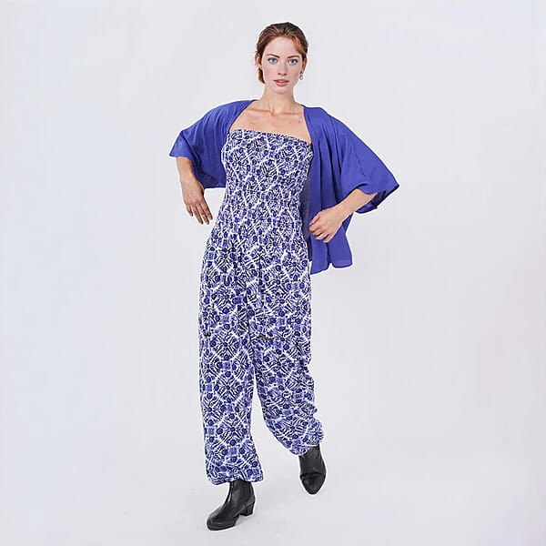 Shop Lc Tamsy Blue Tile Smocked Jumpsuit With Blue Kimono Set - One Size Fits Most