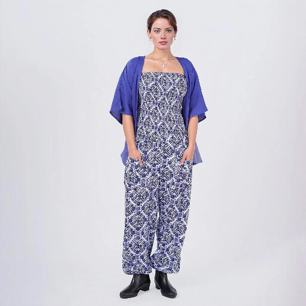 shop lc Tamsy Blue Tile Smocked Jumpsuit with Blue Kimono Set - One Size Fits Most