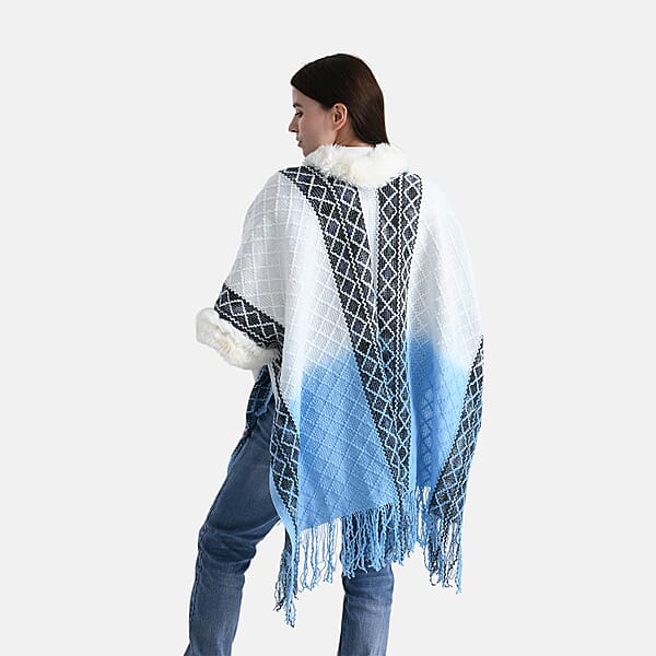 Shop Lc TAMSY Blue With Black Rhombus Embroidered Poncho With Faux Fur Trim And Fringe - One Size Fits Most