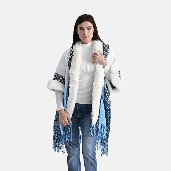 Shop Lc TAMSY Blue With Black Rhombus Embroidered Poncho With Faux Fur Trim And Fringe - One Size Fits Most