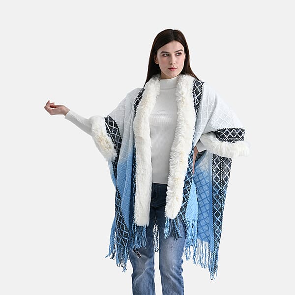 Shop Lc TAMSY Blue With Black Rhombus Embroidered Poncho With Faux Fur Trim And Fringe - One Size Fits Most