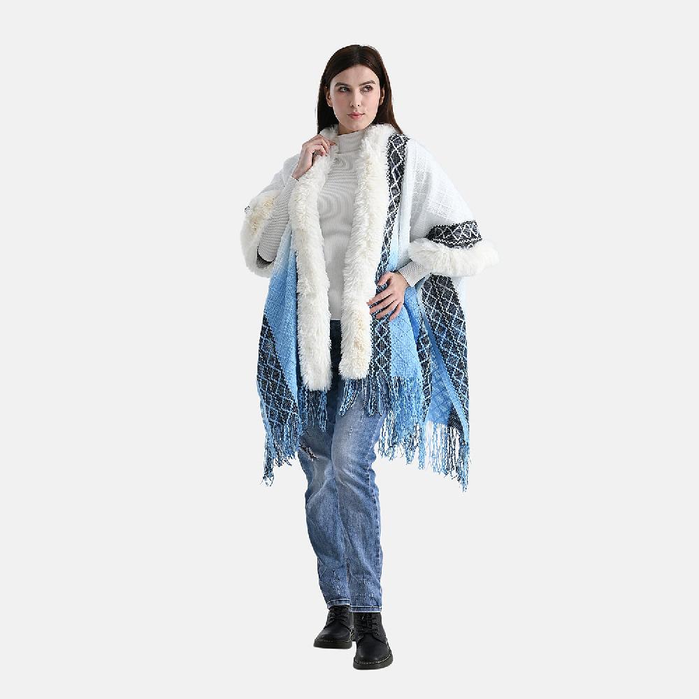 shop lc TAMSY Blue with Black Rhombus Embroidered Poncho with Faux Fur Trim and Fringe - One Size Fits Most