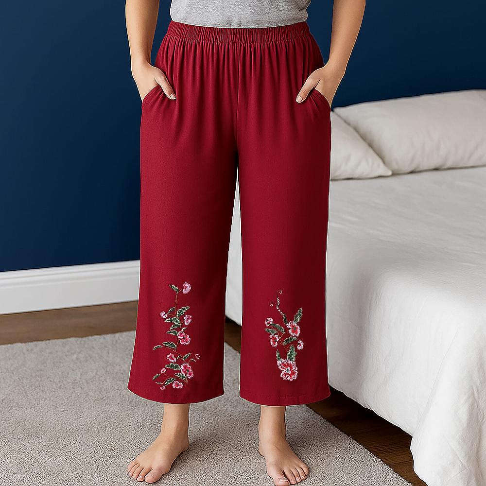 shop lc TAMSY Brick Red Floral Embroidered Lounge Pant with Two Pockets – One Size Fits Most