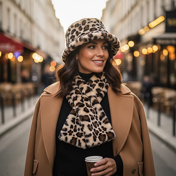 Shop Lc Tamsy Brown Leopard Pattern Faux Fur Set Of Bucket Hat And Scarf