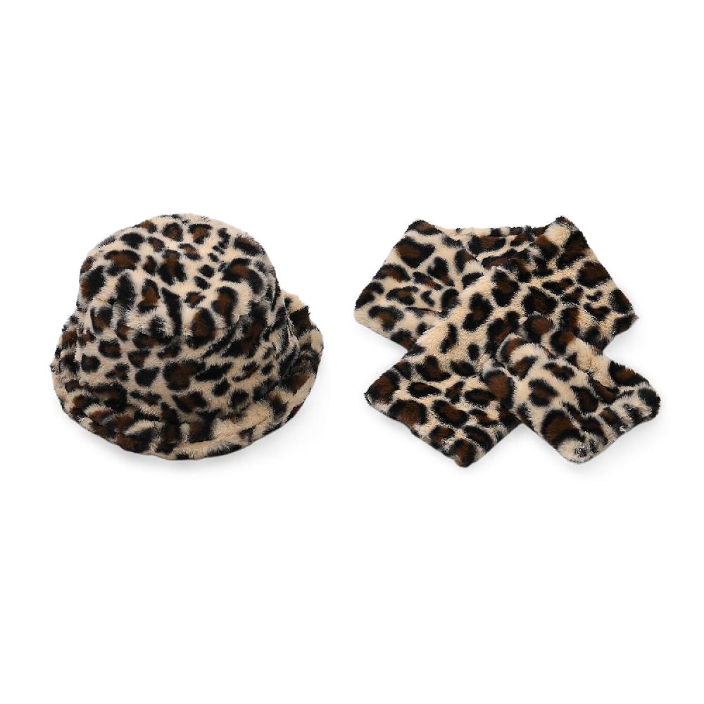 shop lc Tamsy Brown Leopard Pattern Faux Fur Set of Bucket Hat and Scarf