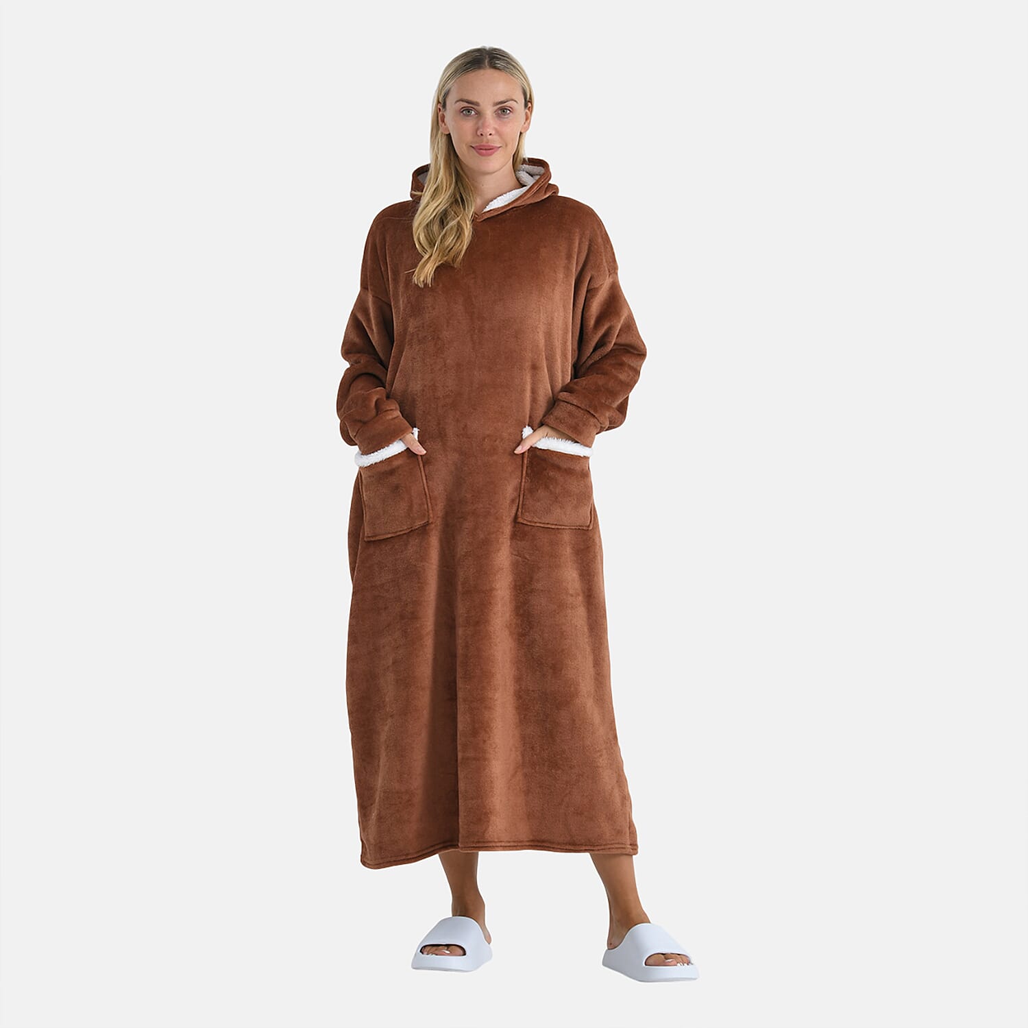 shop lc Tamsy Brown Long Fleece Hoodie Sweater Blanket with 2 Front Pockets
