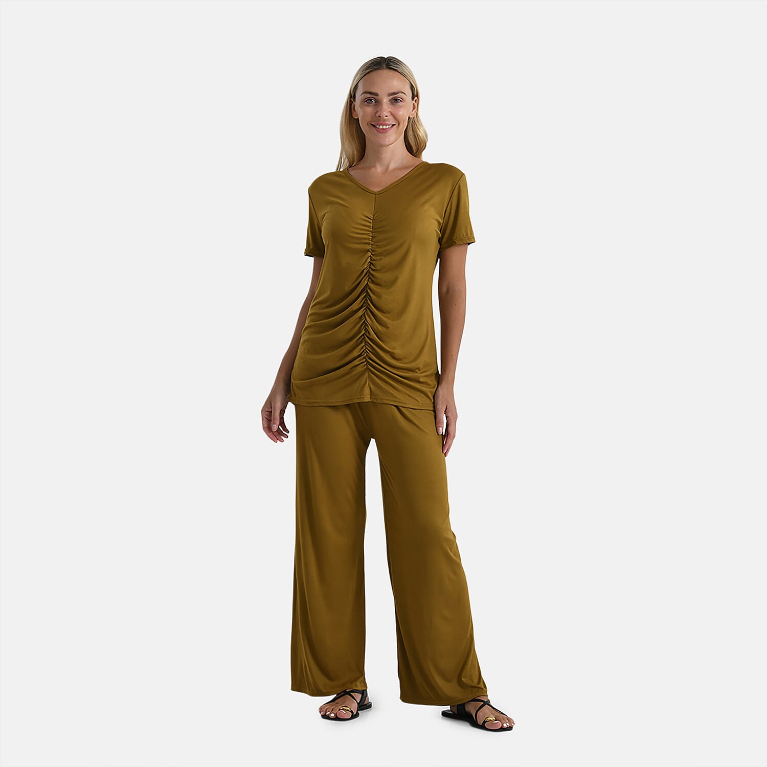 shop lc TAMSY Citrine Jersey Knit 2 Piece Set with Front Rouche – One Size Fits Most
