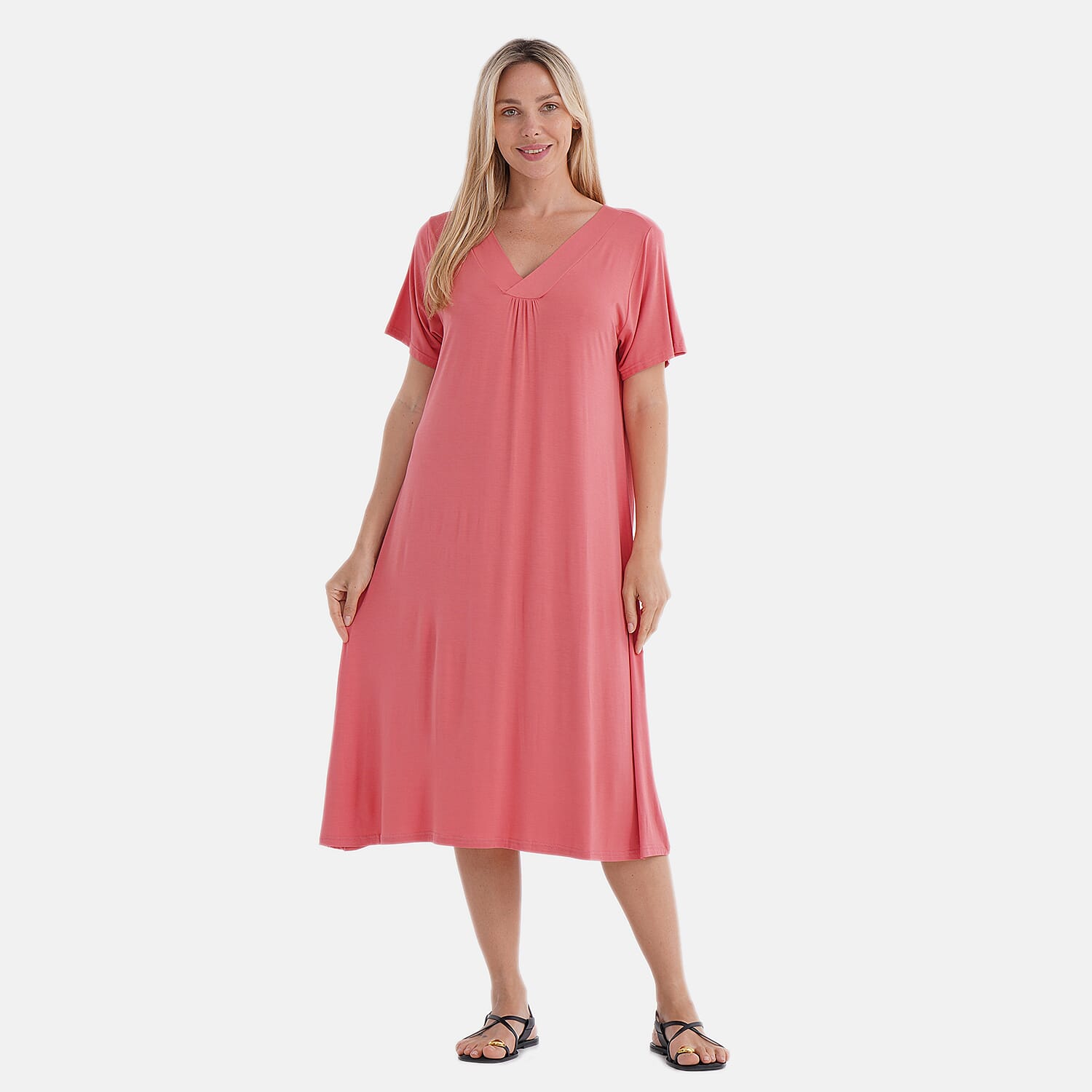 shop lc TAMSY Coral Solid Knit Summer House Dress with Sleeves - One Size Fits Most