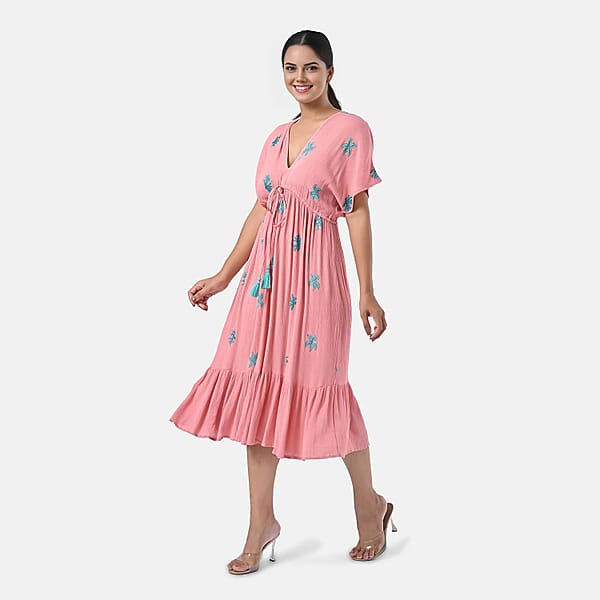 Shop Lc Tamsy Coral Summer Beach Midi Dress With Sequin Embroidery - One Size Fits Most