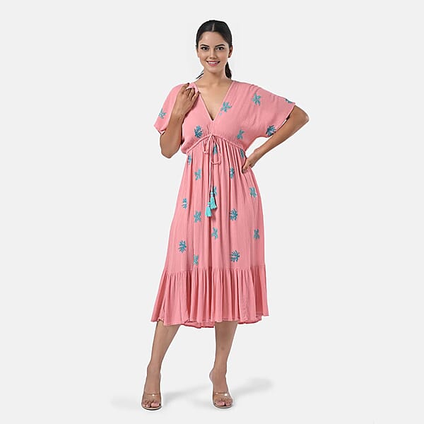 Shop Lc Tamsy Coral Summer Beach Midi Dress With Sequin Embroidery - One Size Fits Most