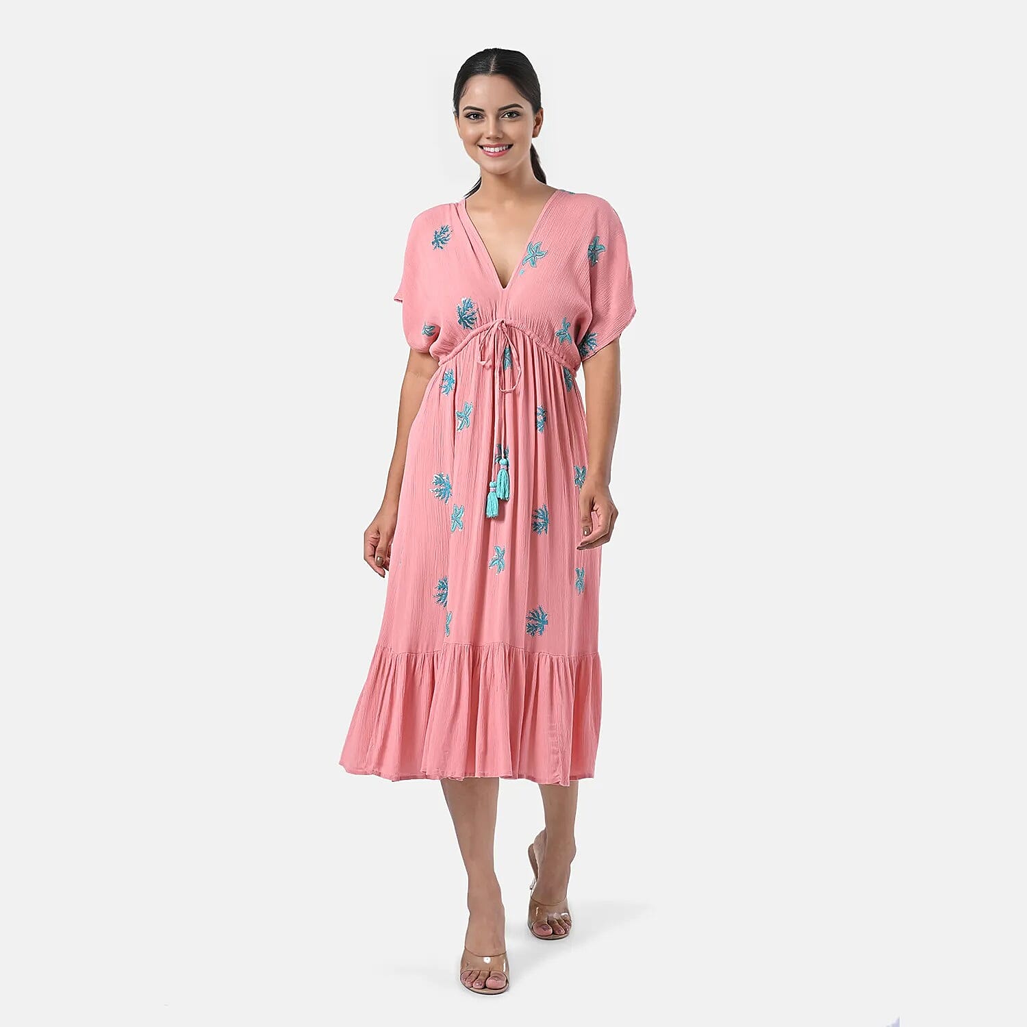 shop lc Tamsy Coral Summer Beach Midi Dress with Sequin Embroidery - One Size Fits Most