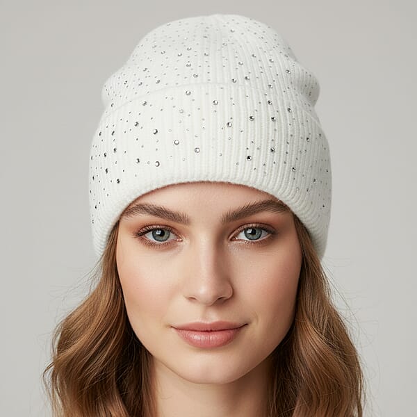 Shop Lc Tamsy Crystal Knitted 1pc Pompom Hat And 1pc Crystal Hat - White