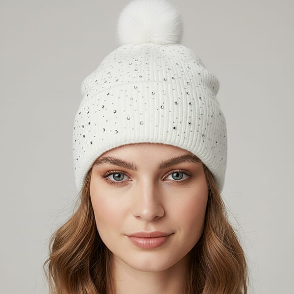 Shop Lc Tamsy Crystal Knitted 1pc Pompom Hat And 1pc Crystal Hat - White