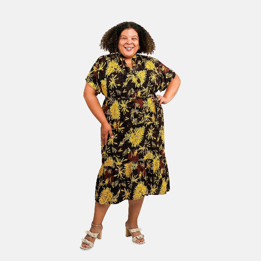 shop lc Tamsy Dandelion Front Placket Shirt Dress with Fabric Waist Tie - One Size Fits Most