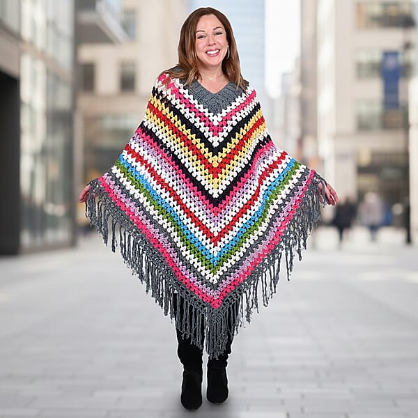 Shop Lc Tamsy Dark Gray With Multicolor Stripe Pattern Cotton Hand Chrochet Poncho - One Size Fits Most