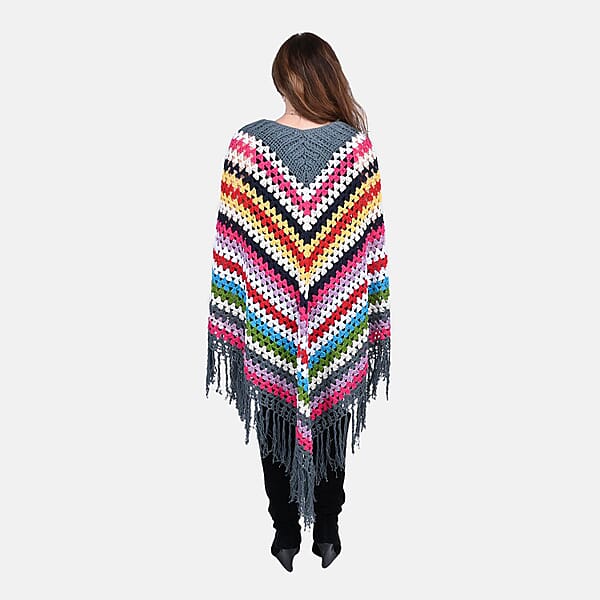 Shop Lc Tamsy Dark Gray With Multicolor Stripe Pattern Cotton Hand Chrochet Poncho - One Size Fits Most