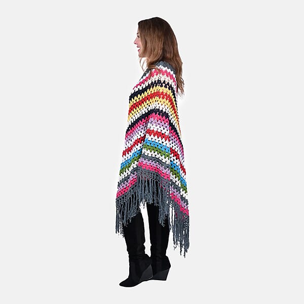 Shop Lc Tamsy Dark Gray With Multicolor Stripe Pattern Cotton Hand Chrochet Poncho - One Size Fits Most