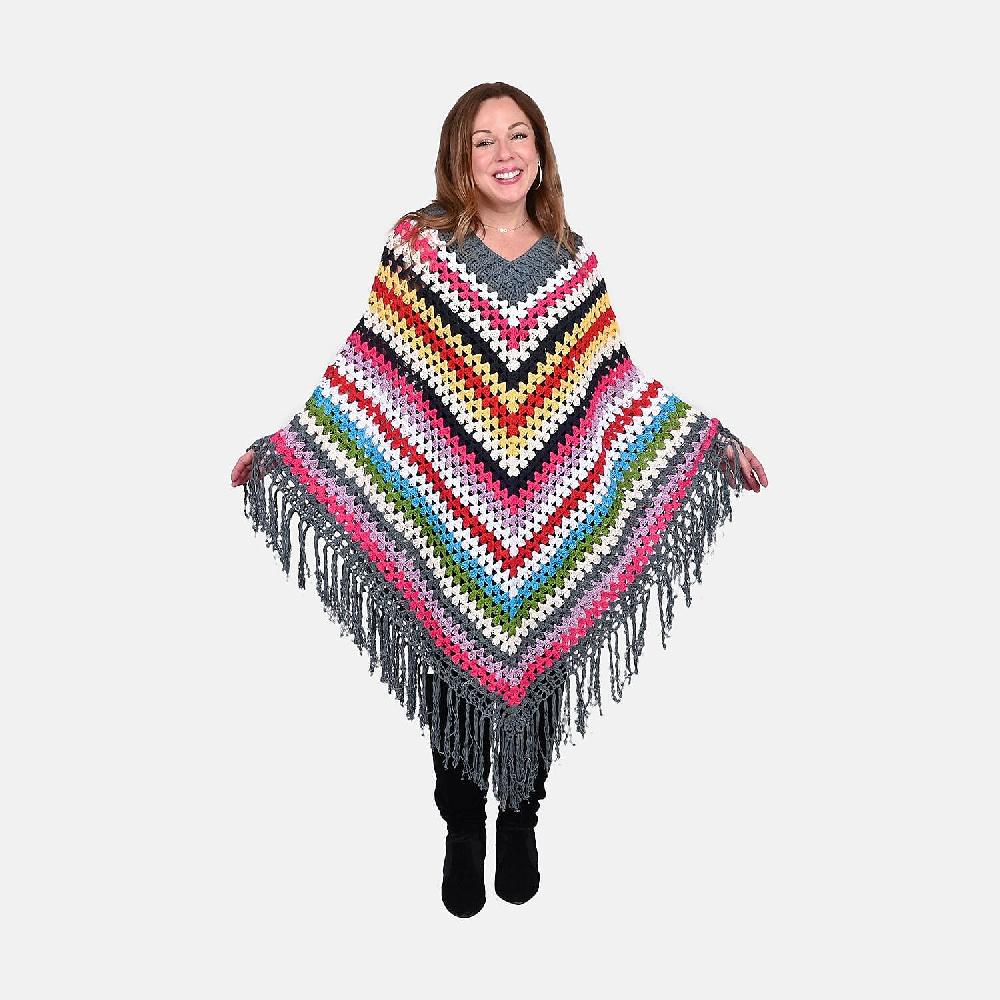 shop lc Tamsy Dark Gray with Multicolor Stripe Pattern Cotton Hand Chrochet Poncho - One Size Fits Most