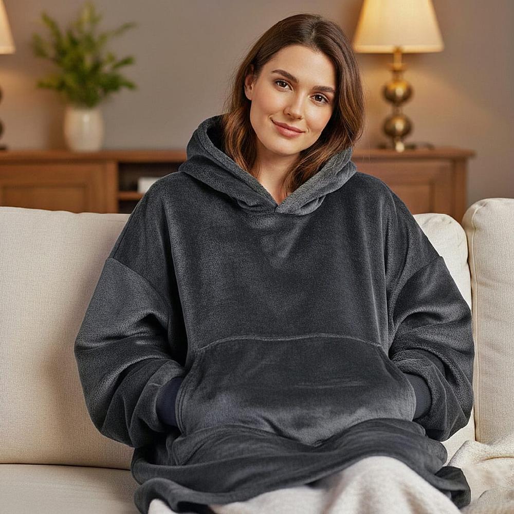shop lc Tamsy Dark Grey Warm and Cozy Flannel Hoodie Blanket - One Size Fits Most