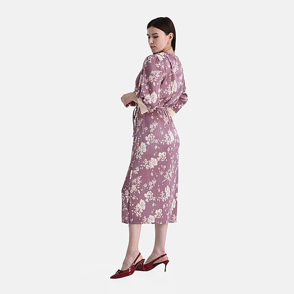 Shop Lc TAMSY Dusty Rose Pleated 3/4 Sleeve Midi Dress With Waist Tie Belt - One Size Fits Most