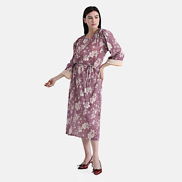 Shop Lc TAMSY Dusty Rose Pleated 3/4 Sleeve Midi Dress With Waist Tie Belt - One Size Fits Most