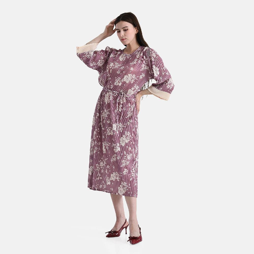 shop lc TAMSY Dusty Rose Pleated 3/4 Sleeve Midi Dress with Waist Tie Belt - One Size Fits Most