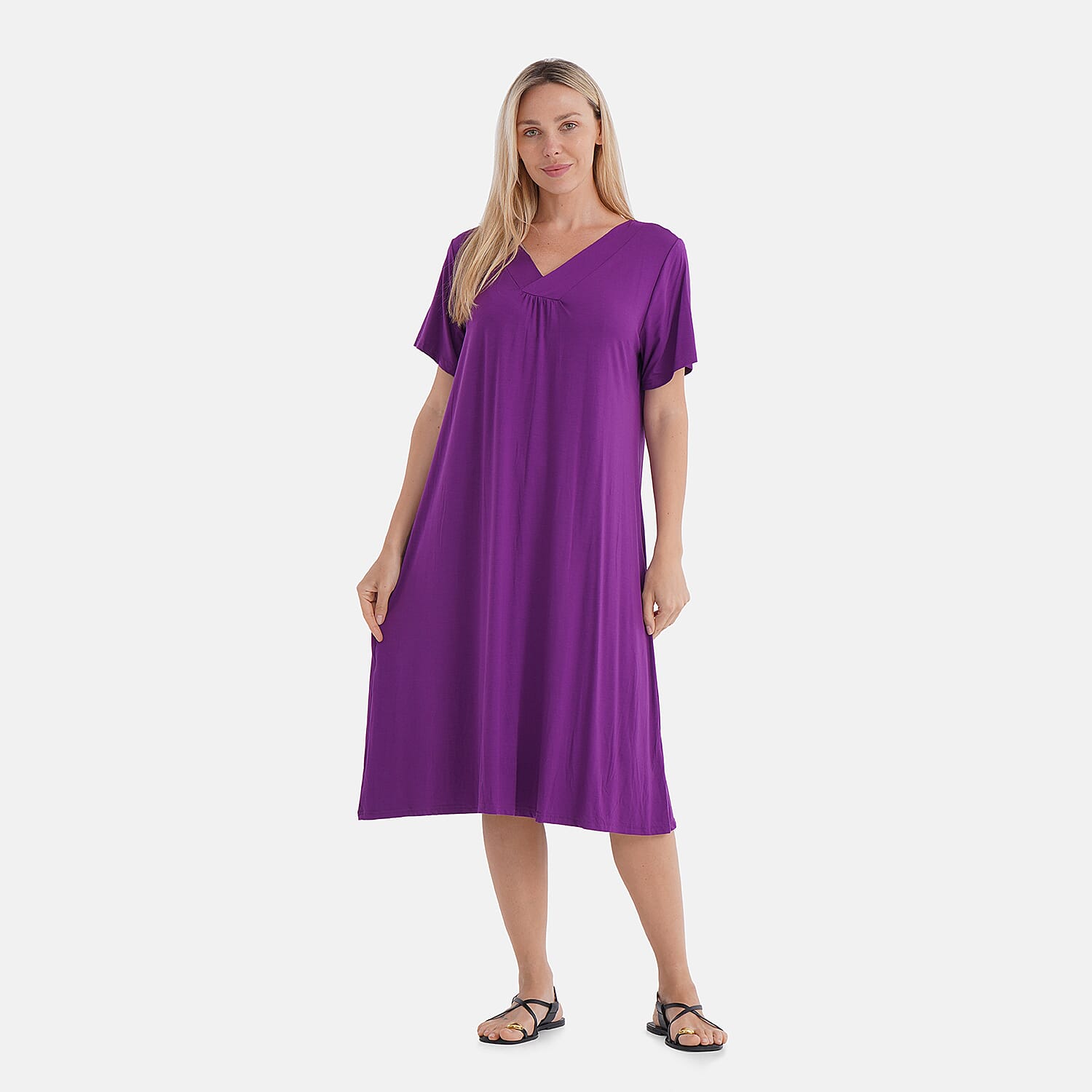 shop lc TAMSY Eggplant Solid Knit Summer House Dress with Sleeves - One Size Fits Most