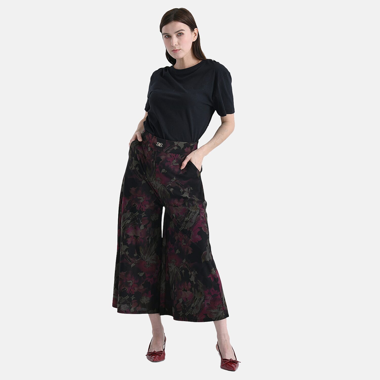 shop lc TAMSY Fuchsia Printed Wide Leg Capri Pant with Pockets - S/M