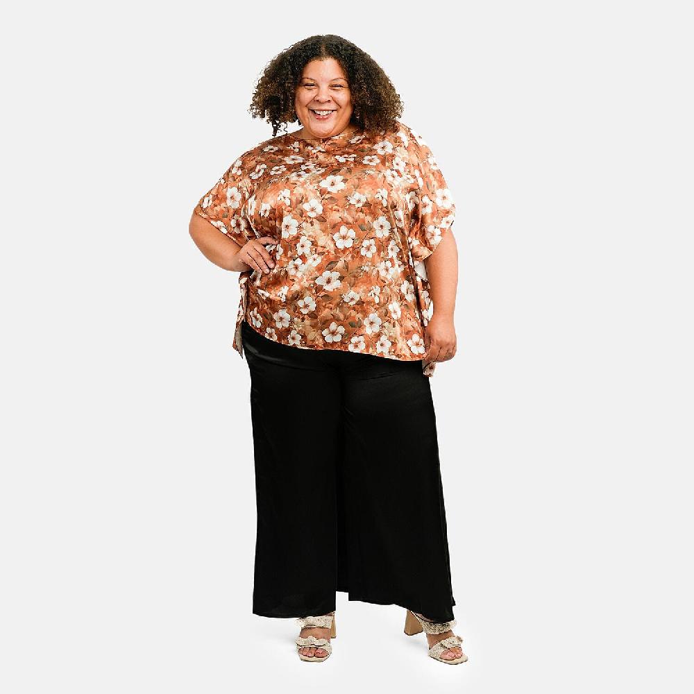 shop lc Tamsy Golden Floral Digitally Printed 2 Piece Satin Pant and Blouse Set - One Size Fits Most