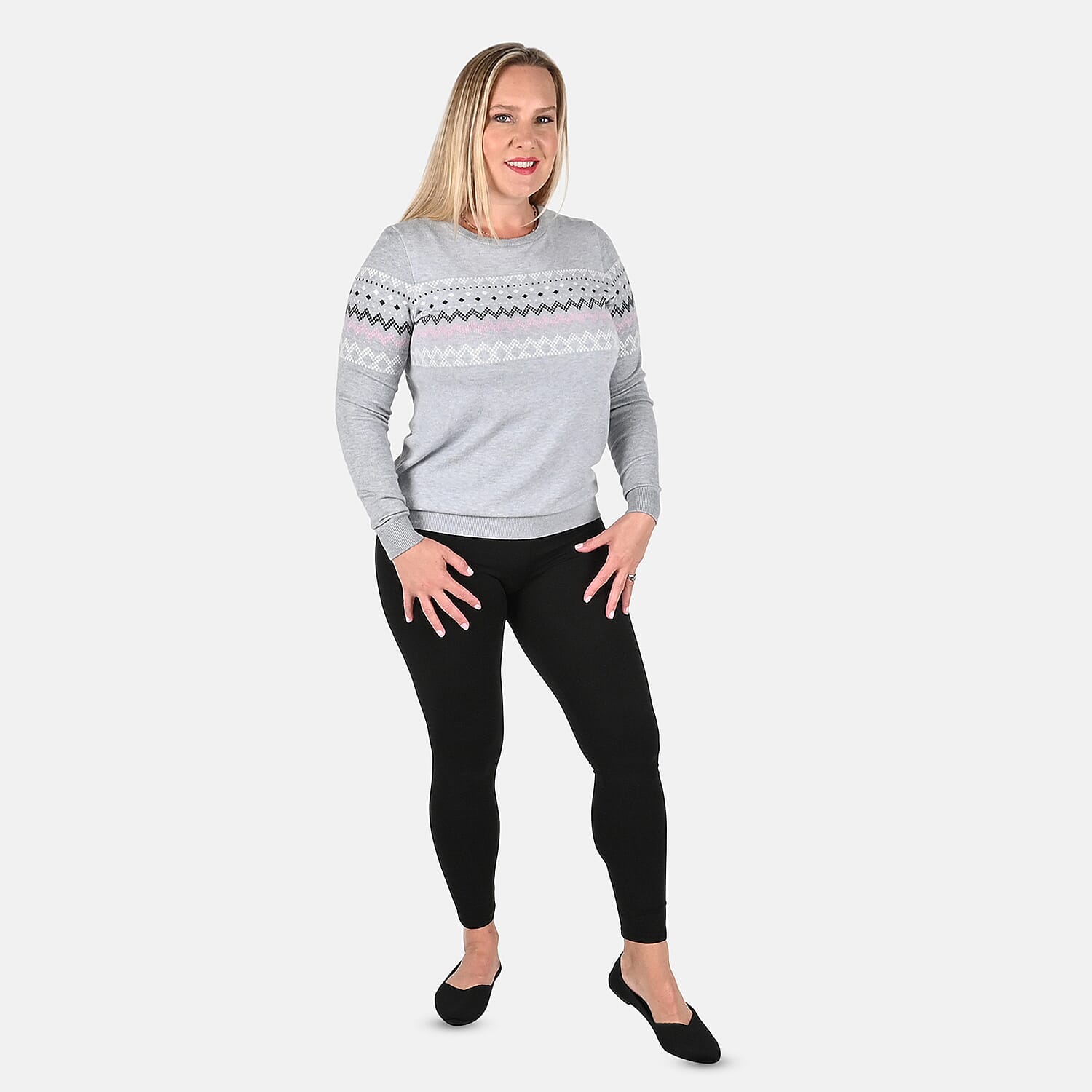 shop lc Tamsy Gray Knit Round Neck Sweater with Chevron Pattern - M