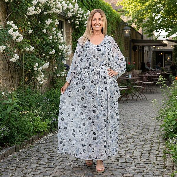 Shop Lc Tamsy Gray With Black Floral Printed Chiffon Kaftan Dress With Waist Tie Drawstring & Ruffle Hem - One Size Fits Most Holiday Dress Swimsuit Cover Up Beach Cover Ups Holiday Clothes