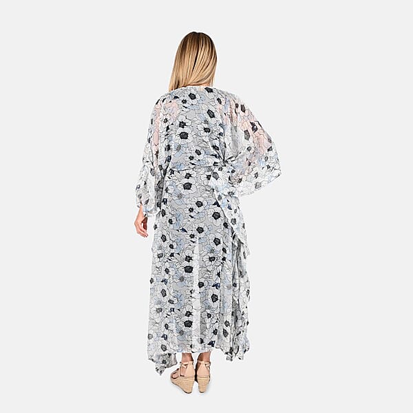 Shop Lc Tamsy Gray With Black Floral Printed Chiffon Kaftan Dress With Waist Tie Drawstring & Ruffle Hem - One Size Fits Most Holiday Dress Swimsuit Cover Up Beach Cover Ups Holiday Clothes