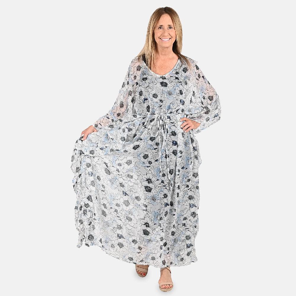 shop lc Tamsy Gray With Black Floral Printed Chiffon Kaftan Dress With Waist Tie Drawstring & Ruffle Hem - One Size Fits Most Holiday Dress Swimsuit Cover Up Beach Cover Ups Holiday Clothes
