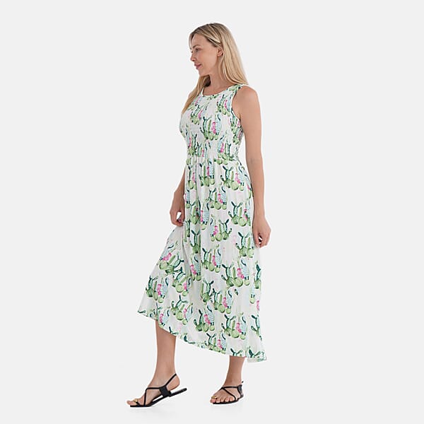 Shop Lc TAMSY Green Cactus Smocked Sleeveless Double Knit Dress With Waist Tie - One Size Fits Most