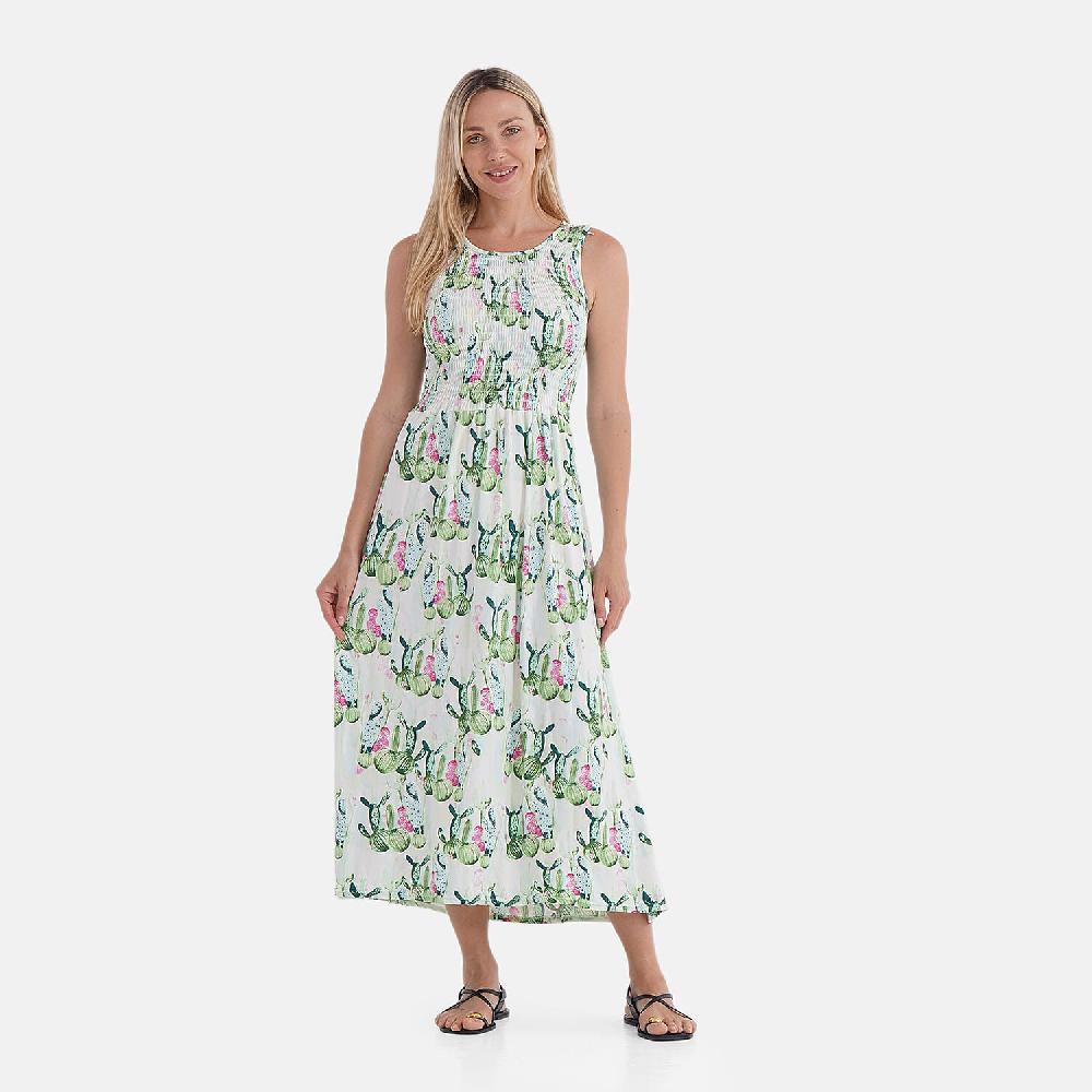 shop lc TAMSY Green Cactus Smocked Sleeveless Double Knit Dress with Waist Tie - One Size Fits Most