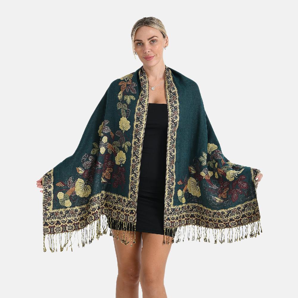 shop lc TAMSY Green Floral Jacquard Scarf with Tassels – One Size Fits Most