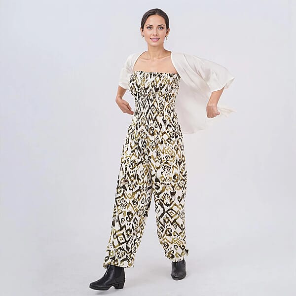 Shop Lc Tamsy Green Ikat Smocked Jumpsuit With White Kimono Set - One Size Fits Most