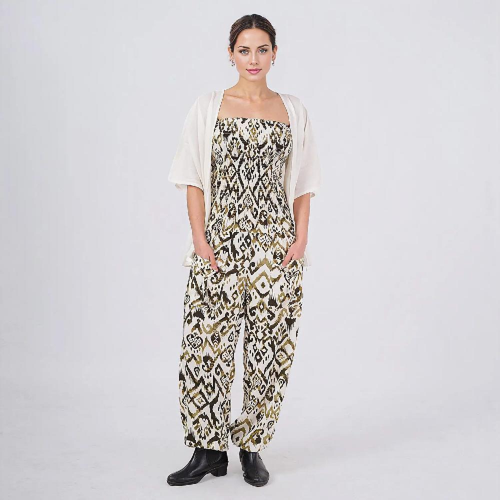 shop lc Tamsy Green Ikat Smocked Jumpsuit with White Kimono Set - One Size Fits Most