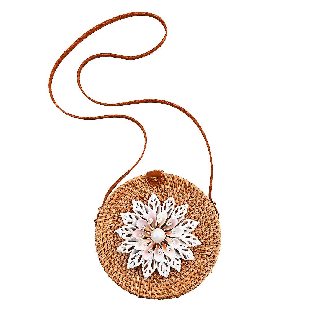 shop lc Tamsy Handmade Brown Round Crossbody Bag with Shell