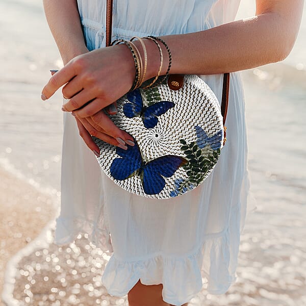 Shop Lc Tamsy Handmade White Round Shape Rattan Crossbody Bag With Blue Butterfly Printed Motif