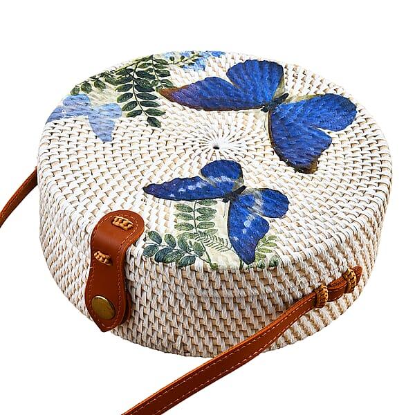 Shop Lc Tamsy Handmade White Round Shape Rattan Crossbody Bag With Blue Butterfly Printed Motif