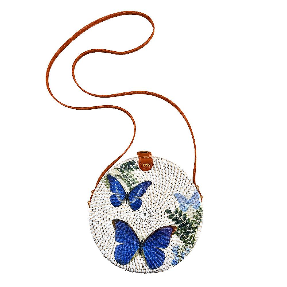 shop lc Tamsy Handmade White Round Shape Rattan Crossbody Bag with Blue Butterfly Printed Motif