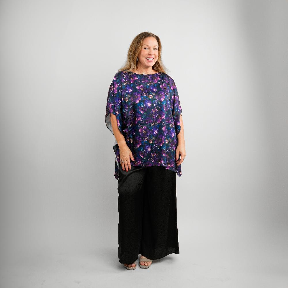 shop lc Tamsy Indigo Floral Digitally Printed 2 Piece Satin Pant and Blouse Set - One Size Fits Most