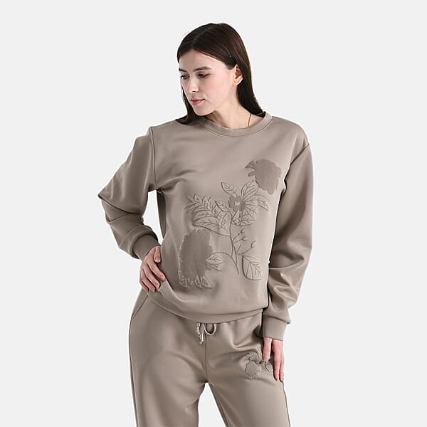 Shop Lc TAMSY Khaki Floral Embossed Scuba Knit Pant And Long Sleeve Pullover Set – S/M
