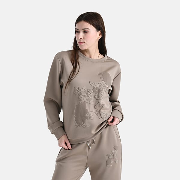 Shop Lc TAMSY Khaki Floral Embossed Scuba Knit Pant And Long Sleeve Pullover Set – S/M