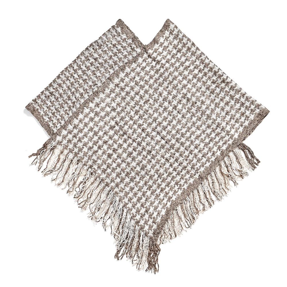 shop lc TAMSY Light Gray Houndstooth Knit Poncho with Fringe - One Size Fits Most