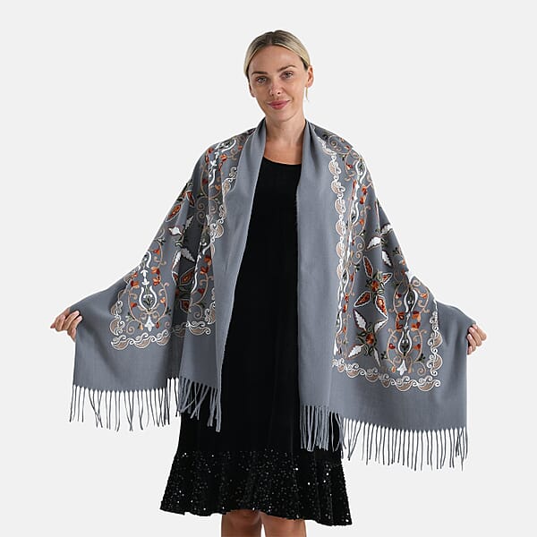 Shop Lc TAMSY Light Grey Baroque Soft Woven Embroidered Scarf With Tassels – One Size