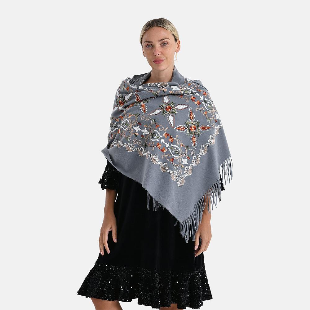 shop lc TAMSY Light Grey Baroque Soft Woven Embroidered Scarf with Tassels – One Size